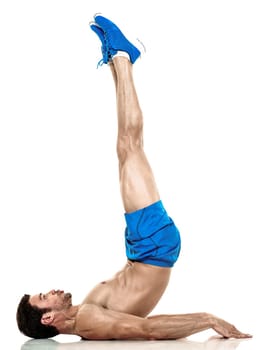 one caucasian man exercising fitness exercises isolated on white background