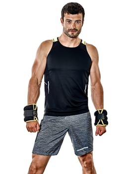 one caucasian fitness man exercising cardio boxing exercises in studio isolated on white background