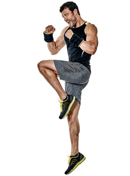 one caucasian fitness man exercising cardio boxing exercises in studio isolated on white background