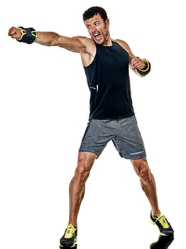 one caucasian fitness man exercising cardio boxing exercises in studio isolated on white background