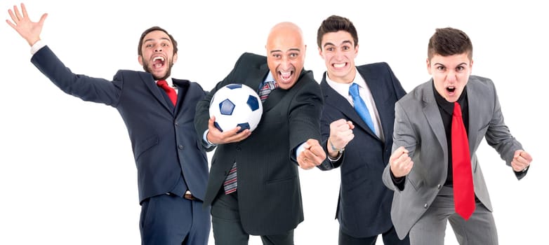 Team of happy businessmen with soccer ball isolated in white