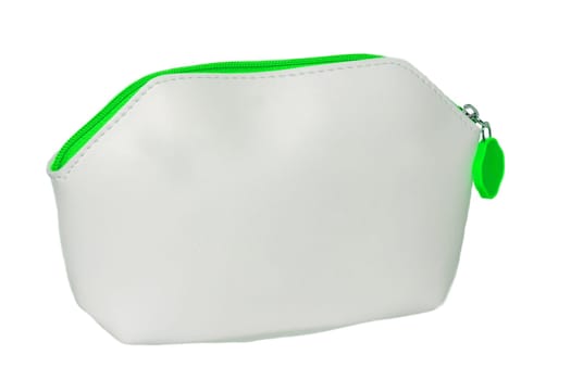 Cosmetic bags isolated. Close-up of a female cosmetic travel bag with zipper isolated on a white background. Used for essential equipment brushes for makeup and beauty products. Macro.