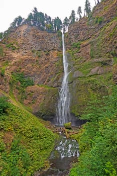 Delicate Cascade of Upper Multnomah Falls Coming Over a Volcanic Cliff in the Columbia Gorge in Oregon