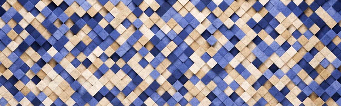 Wall of Small Blue and Orange Squares Tiles Arranged in Random Height 3D Pattern Background Illustration