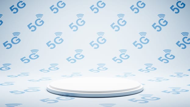 Empty White Platform on Blue 5G Pattern Studio Background 3D Render Illustration