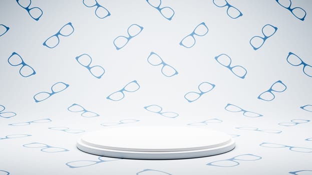 Empty White Platform on White and Blue Glasses Shape Pattern Studio Background 3D Render Illustration