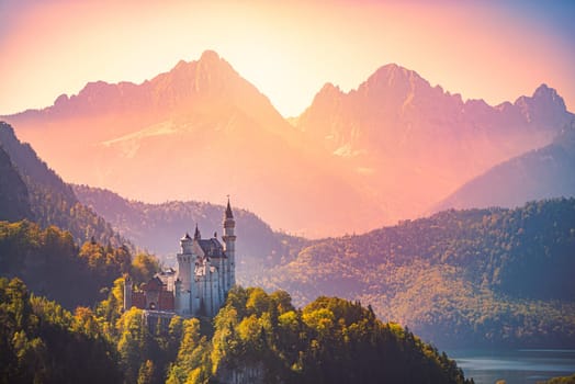Beautiful view of world-famous Neuschwanstein Castle, the nineteenth-century Romanesque Revival palace built for King Ludwig II on a rugged cliff near Fussen, southwest Bavaria, Germany, Europe
