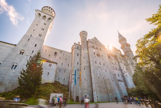 Beautiful view of world-famous Neuschwanstein Castle, the nineteenth-century Romanesque Revival palace built for King Ludwig II on a rugged cliff near Fussen, southwest Bavaria, Germany, Europe