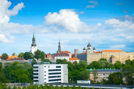 Skyline of Tallin with castle and churches, Estonia