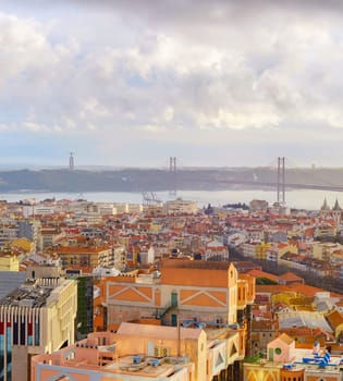 Aerial view of Lisbon at sunset. Portugal