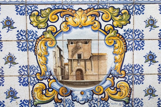 Caceres, Spain - May 27th, 2020: Key landmarks of Caceres City on glazed tiles. Casa de Sol