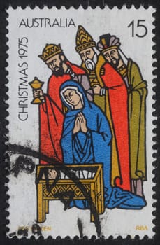 Christmas stamp printed in Australia shows birth of Jesus Christ, adoration of the Magi, circa 1975