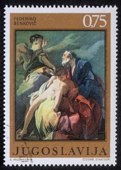 Stamp printed in Yugoslavia shows Abraham Sacrificing Isaac, circa 1985