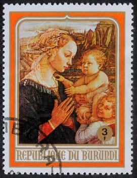 Christmas stamp printed in Burundi shows Madonna and Child, circa 1982