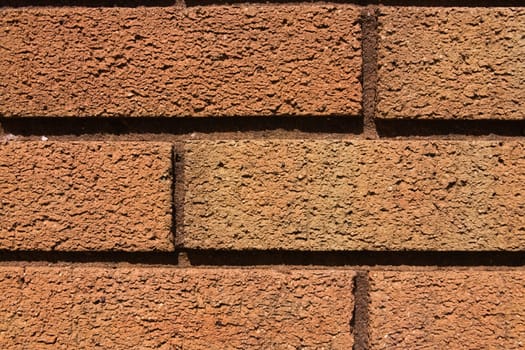 3 - Macro close up of golden orange brick wall. Lit by warm natural sunlight. Gritty and lumpy abstract background texture. Masonry brick laying.