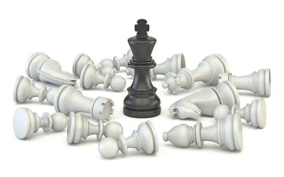 Black king standing chess pieces 3D render illustration isolated on white background