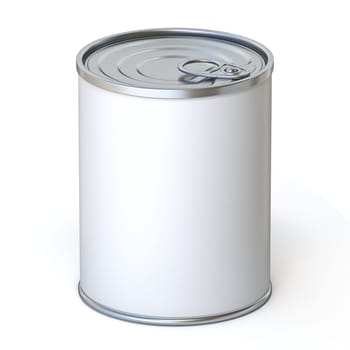 Food metal tin with white label 3D render illustration isolated on white background