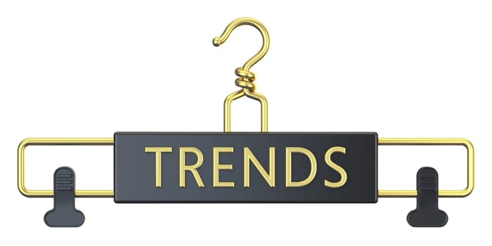 Black cloth hanger with TRENDS text 3D render illustration isolated on white background