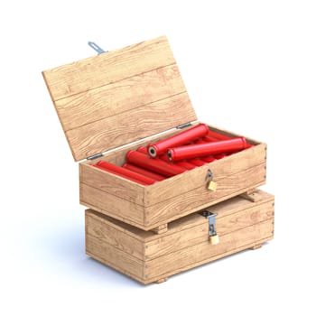 Dynamite in opened wooden box 3D render illustration isolated on white background