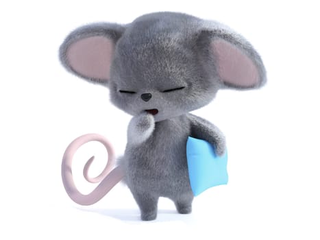 3D rendering of an adorable kawaii furry mouse holding a blue pillow and yawning and looking very sleepy. White background.