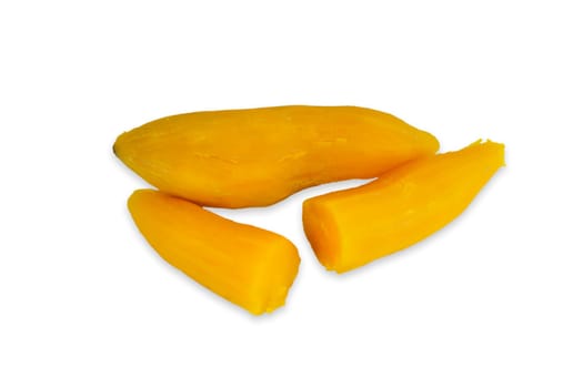 Ubi rebus or steam cassava is traditional malay dish on white background. Selective focus