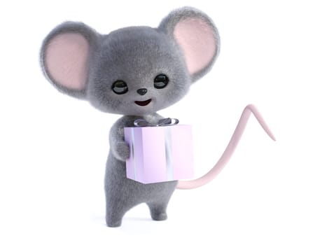 3D rendering of an adorable kawaii furry smiling mouse holding a wrapped birthday gift in its hands. White background.