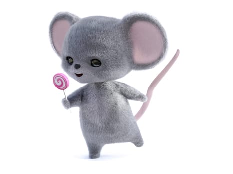 3D rendering of an adorable kawaii furry smiling mouse holding a pink lollipop. White background.