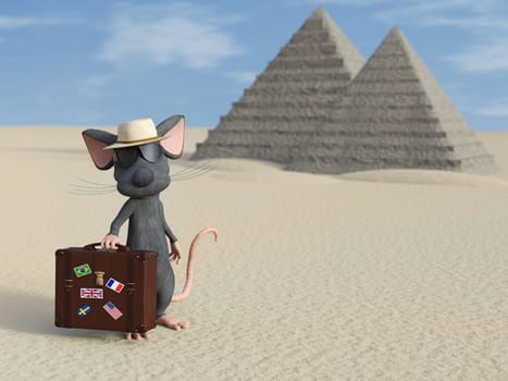 3D rendering of a cute cartoon mouse holding a travel suitcase, wearing sunglasses and a hat, looking like a tourist. There are Egyptian pyramids in the background.