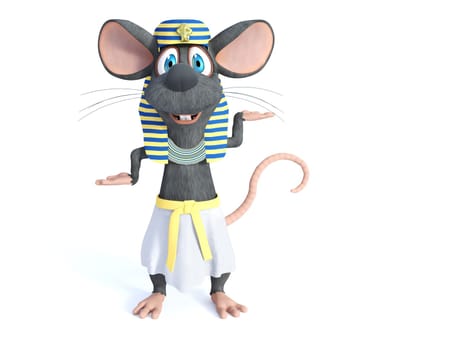 3D rendering of a cute smiling cartoon mouse dressed in an ancient Egyptian style. White background.