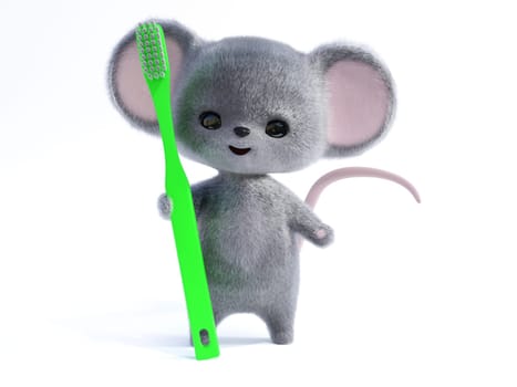 3D rendering of an adorable kawaii furry smiling mouse holding a very big green toothbrush. Ready to brush its teeth! White background.