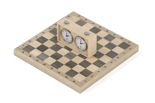 Wooden chess board and analog chess clock on white background