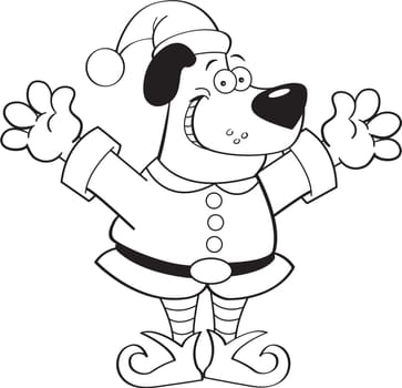 Black and white illustration of a dog dressed as an elf.