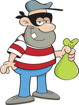 Cartoon illustration of a criminal holding a money bag.