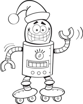 Black and white illustration of a robot wearing a Santa hat.