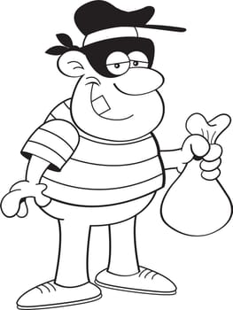 Black and white illustration of a criminal holding a money bag.