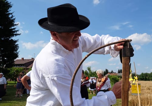 Farmer sharpening the scythe in the field in wheat fields in Nedelisce, Croatia