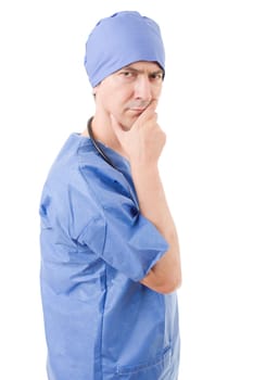doctor thinking with his notes, isolated over white background