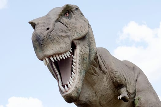 Animal portrait of dangerous extinct tyrannosaurus rex dinosaur on sky background.