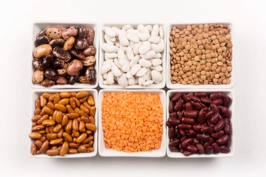 Different legumes seeds as beans and lentils are in white dishes on white background.