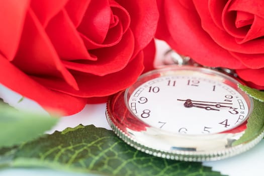 Close up pocket watch and red roses flower with copy space, Valentine'sDay concept