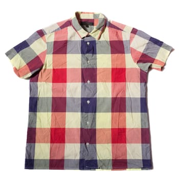 Summer shirt with short sleeves and blue red check pattern on a white background