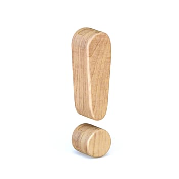 Rounded wooden font exclamation mark 3D render illustration isolated on white background