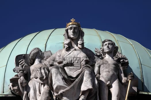Sculpture over the entrance to the Ethnographic Museum in Zagreb. Sculptures represent Croatia, craft and commerce, work of sculptor Rudolf Valdec.
