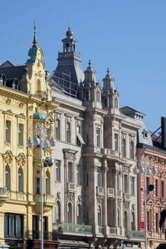 Facade of the old city buildings on Ban Jelacic Square in Zagreb, Croatia