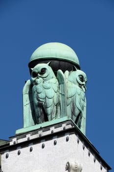 Owl, detail from Croatian national state archives building in Zagreb, Croatia