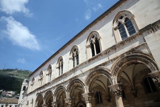 Columns and exterior of the Duke's Palace (Knezev dvor) in Dubrovnik, Croatia