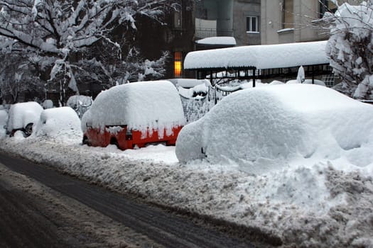Cars under snow in Zagreb