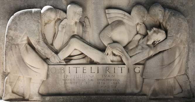 Detail of tomb reliefs at Mirogoj cemetery in Zagreb, Croatia