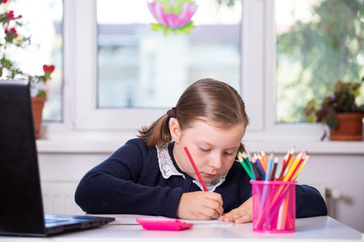 Distance learning-online education. School girl watching online education classes and doing school homework. COVID-19 pandemic forces children online learning.