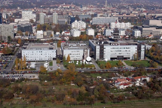 Croatian National Radio and Television Building of and the city of Zagreb in the background